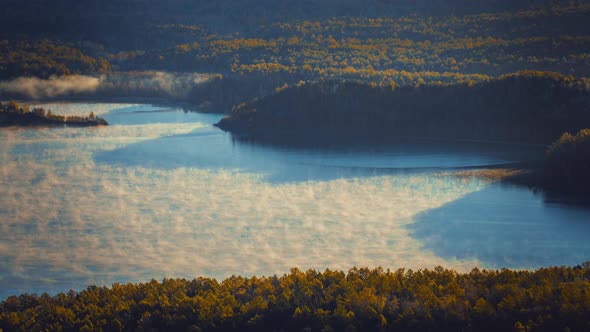 Nice Sunrise the Mist Spreads in the Morning Fog Over Water the Lake