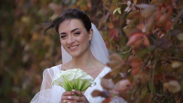 The Bride in a Wedding Dress is Blowing a Strong Wind She is Smiling Sincerely