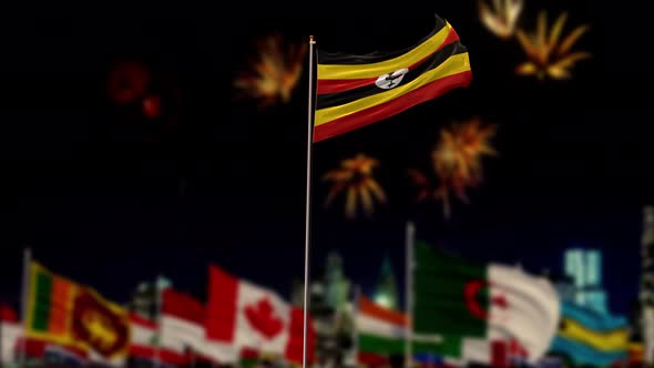 Uganda Flag With World Globe Flags And Fireworks 