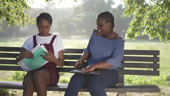 Two Confident Intelligent African American Women Sitting on Bench in Summer Park with Laptop Tablet