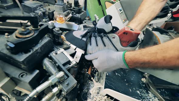 Factory Production of Footwear. Industrial Machine Is Putting a Sneaker Into Shape