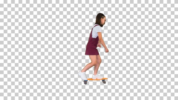 Cute asian school girl riding a skateboard, Alpha Channel