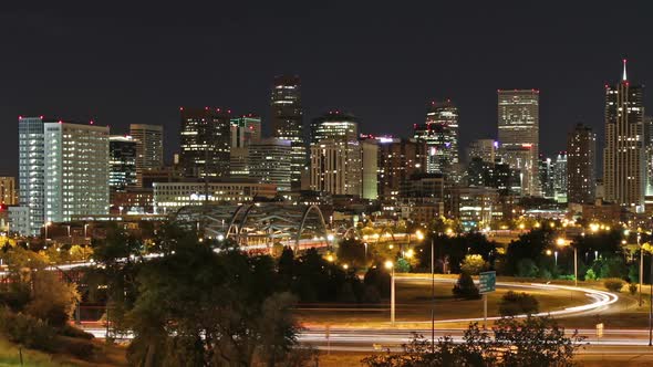 Downtown Denver at Night. Long Exposure Timelapse