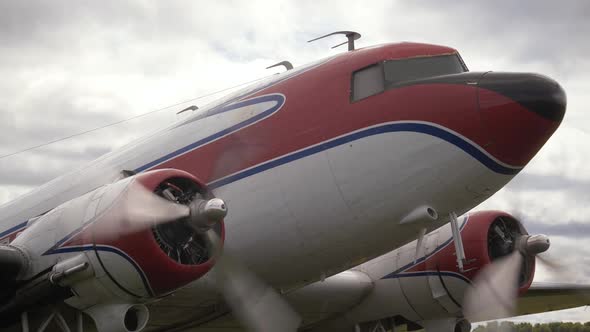 Vintage Plane Ready Takeoff Propeller Radial Engine Start in Airport Closeup