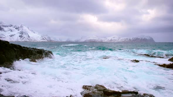 Norwegian Sea Waves on Rocky Coast of Lofoten Islands, Norway