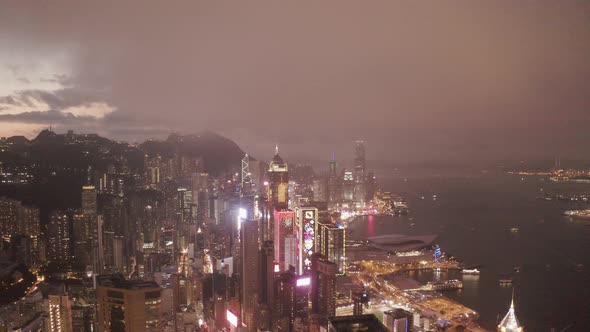Aerial view of Hong Kong skyline at night, Hong Kong.