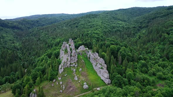 Aerial Drone View of Famous Ukrainian Medieval Cliffside Tustan Fortress Ruins