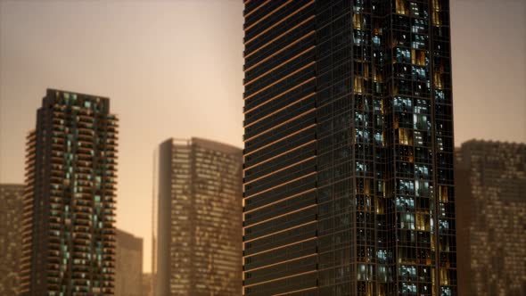 Sunset Aerial Shot of Skyscrapers of Business Centre