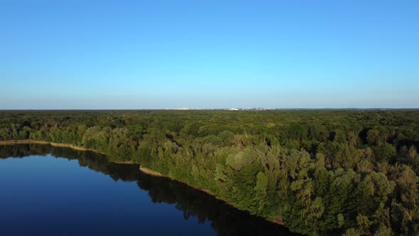 dense green mixed forest by lake at golden hour.Spectacular aerial view flight panorama overview dr