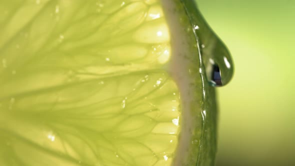 Drop of Water Flows Down the Surface of a Ripe Juicy Lime Slice