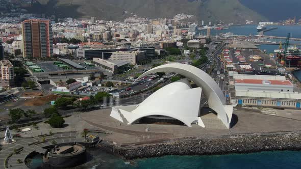 Aerial view of Auditorio de Tenerife in Santa Cruz, Canary Islands, Spain