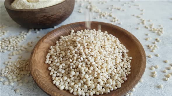 Raw White Sorghum grain in a bowl close up