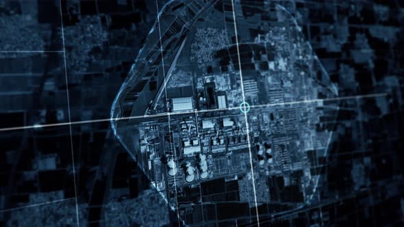 Tracking drone ai broadcasts aerial scan of target power station in town alt