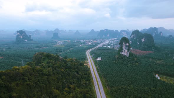 Aerial View of the Road with Driving Cars and Trucks Between High Mountains with Jungle Palm Trees