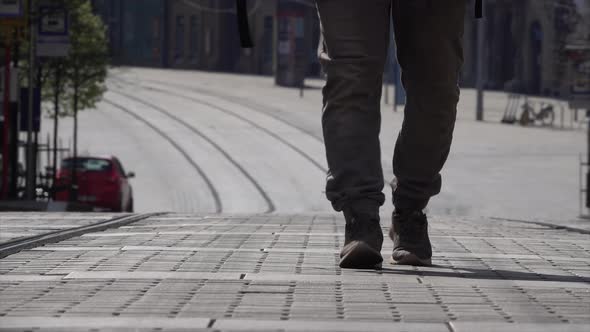 A man walking around the empty city of Brno. Covid-19 Pandemic Time