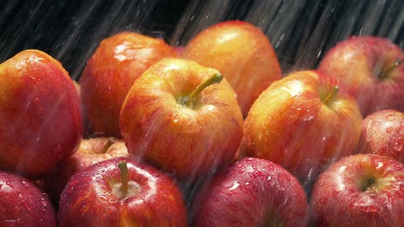 Apples Get Washed In Water Spray