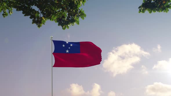 Samoa Flag With  Modern City 