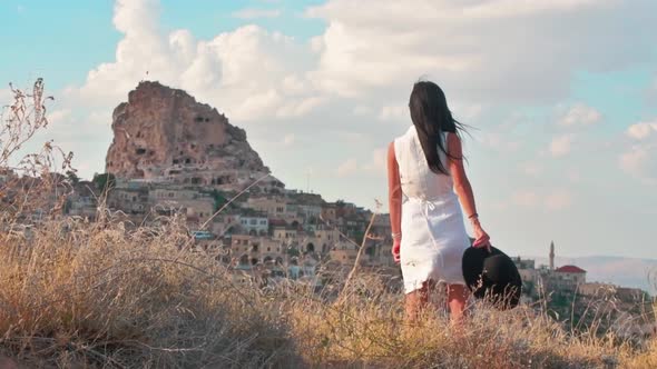 Woman Tourist Admire Castle Panorama In Turkey