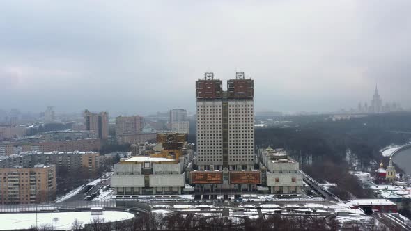 Aerial Shot of City Center of Residential Area in Moscow, Russia. Drone Is Hovering Over the Central