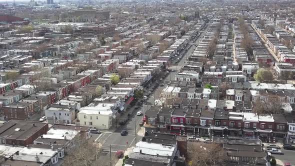 drone flies over townhouse in Philadelphia.