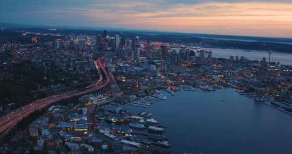 Seattle South Lake Union Aerial Perspective Above Urban City Skyline Dramatic Sky