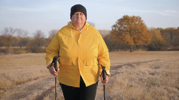 Senior Woman Making Nordic Walking in the Autumn Forest