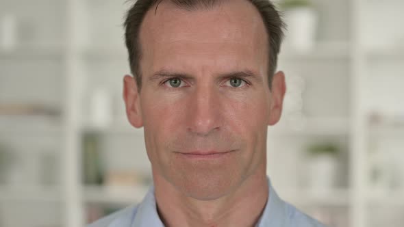 Close Up of Serious Middle Aged Businessman Looking at Camera