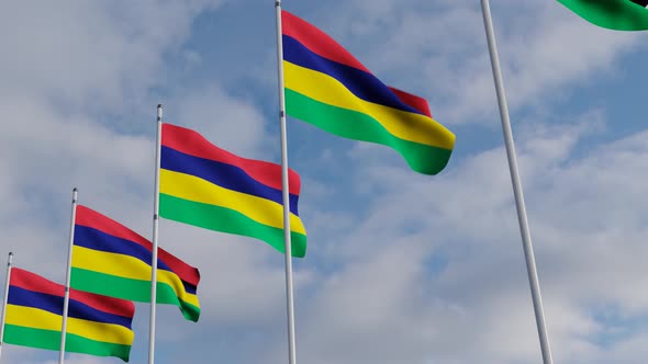 Waving Flags Of The Mauritius blue sky