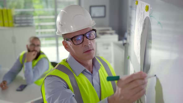 Close Up of Senior Engineer Writing on White Board During Meeting in Office