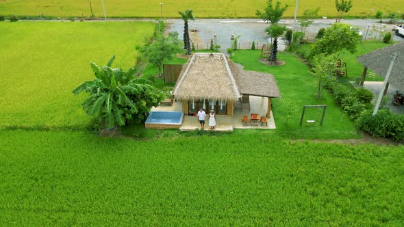 Home Stay Farm Between Green Paddy Field in Thailand Beautiful Farm with Green Rice Field