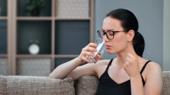 Sickness Asian Woman Drinking Pill with Water Feeling Pain Ache Suffering Depression Viral Disease