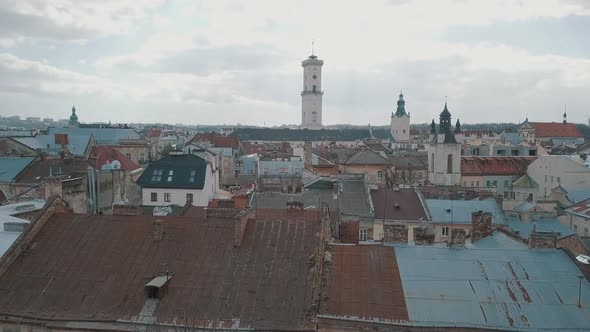 Aerial City Lviv, Ukraine. European City. Popular Areas of the City. Rooftops