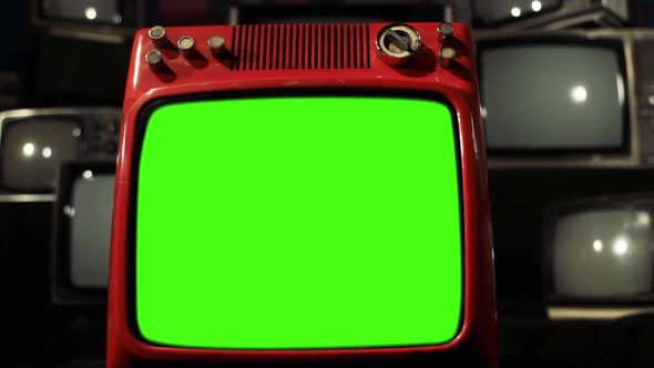 Old TV Set turning On and Off Green Screen with Color Bars and Noise.