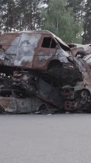 Vertical Video of Wartorn Cars in Ukraine