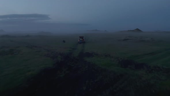 Aerial View or Rural Iceland Landscape Covered with Fog