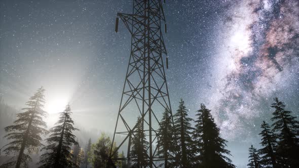 High-voltage Power Lines on the Background of the Starry Sky