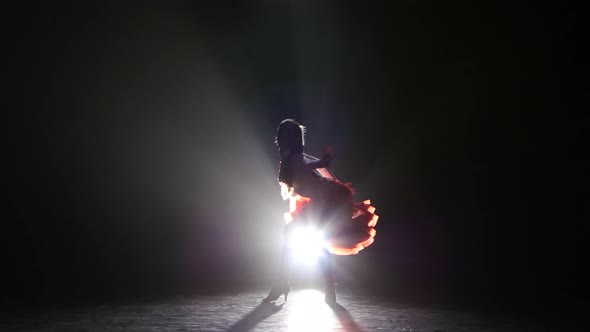 Beautiful Girl Dancing Rumba in the Studio on a Dark Background, Smoke, with White Backlight