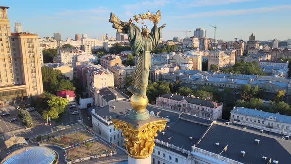 Monument in the Center of Kyiv, Ukraine. Maidan. Aerial View