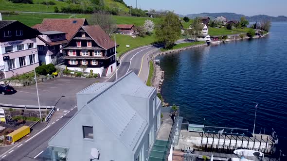 the road at swiss lake from drone view