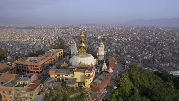 Flying around Swayambhunath Stupa on hilltop