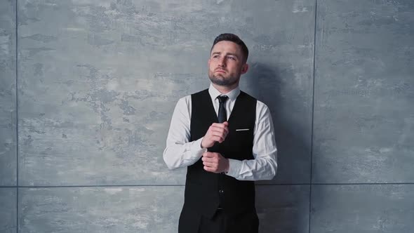 Young Business Man Caucasian Nationality with Beard Middle Aged Classic Black Suit Shirt Tie Poses