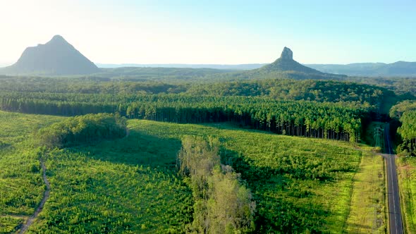 Aerial view of the Glass House Mountains, Sunshine Coast Hinterland.