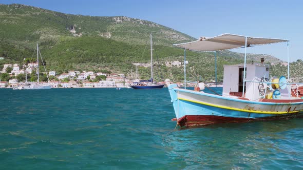 Video of Bobbing Boat in the Harbour. Greece Ithaki Island, Traditional Wooden Fishing Boats at