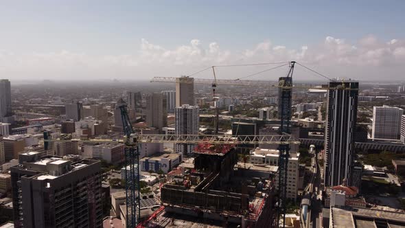 Aerial Drone Inspection Highrise Tower With Crnes Downtown Miami Society Apartments