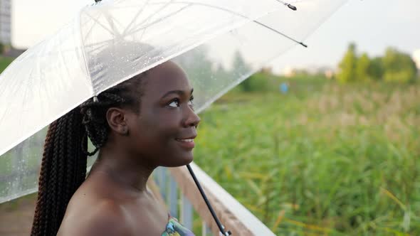 Oung African Woman Under Transparent Umbrella in Rainy Weather on the Bridge