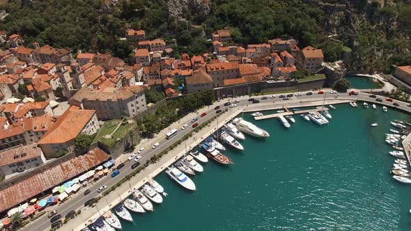 Marina with Yachts on the Coast of the Old Town of Kotor Montenegro