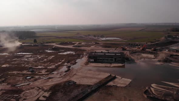 Aerial flight over a new constructions of development site in the countryside