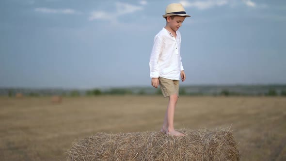 The Boy Climbed on a Haystack and Has Fun