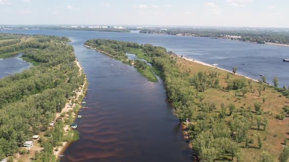 Aerial Landscape View on Volga River with Islands and Green Forest