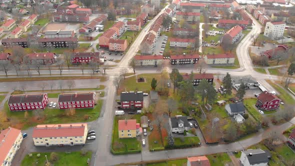 Drone footage flying over a residential area in a small town in Sweden. Filed in realtime at 1080p